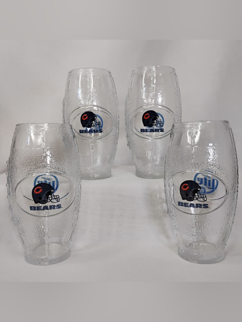 Vintage 4pc Set Chicago Bears Miller Lite Textured Football Shaped Glasses NFL